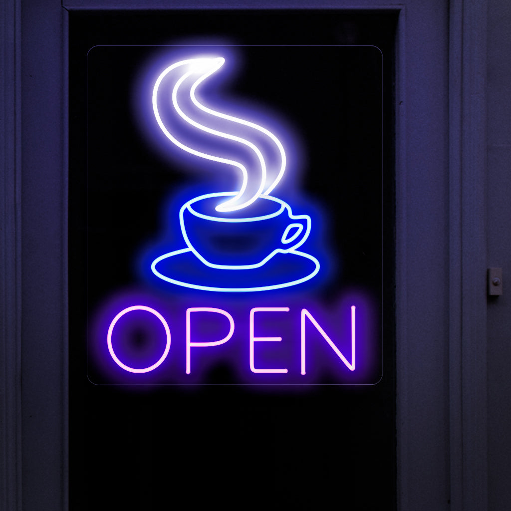 „Neonschild „Kaffeetasse geöffnet““ – Ein einladendes und koffeinhaltiges Neonlicht mit dem Design einer offenen Kaffeetasse, das Ihrem Café oder Ihrer gemütlichen Ecke eine warme und einladende Atmosphäre verleiht.