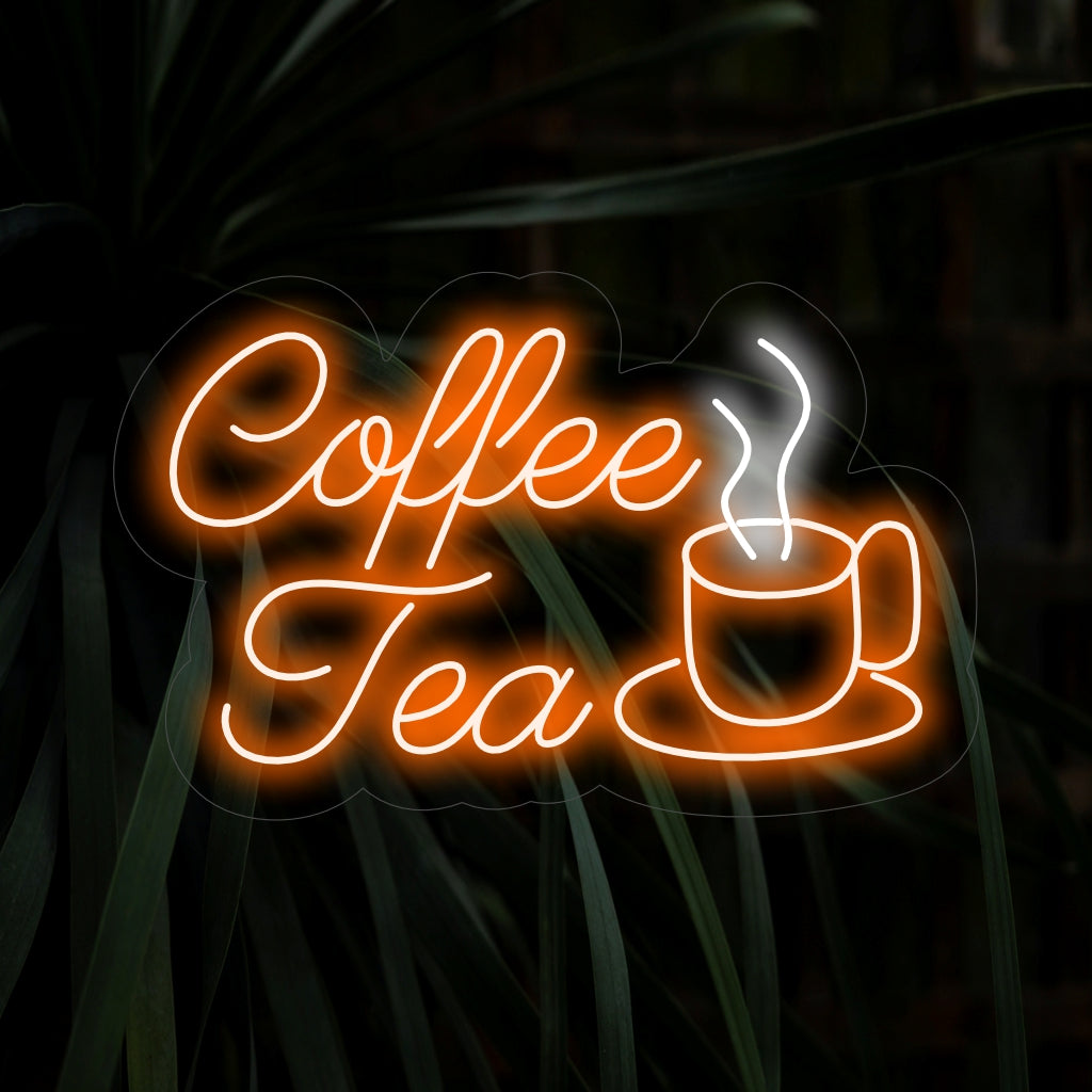 „Kaffee & Tee mit Tassenlogo-Neonschild“ – Ein gemütliches und einladendes Neonlicht mit einem Tassenlogo, das Ihrem Café oder Ihrer Teeecke eine warme und aromatische Atmosphäre verleiht.