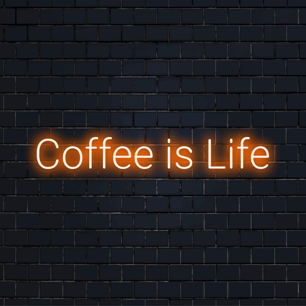Individuelles LED-Neonschild mit dem Satz „Coffee Is Life“; eine Mischung aus Worten und Licht, die Ihre Liebe zum Kaffee hervorhebt.