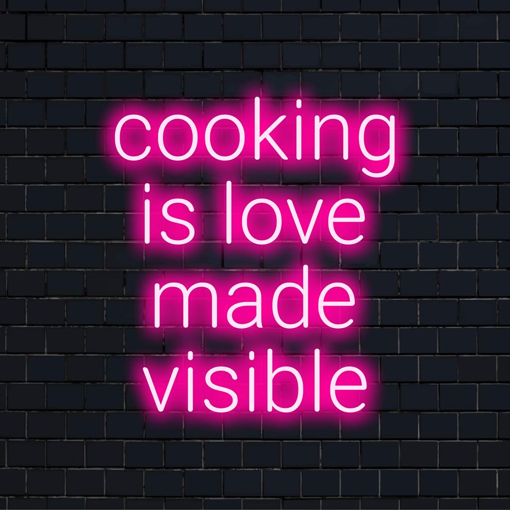 Individuelles LED-Neonschild mit dem Satz „Cooking Is Love Made Visible“ in eleganter Schrift; perfekte Neondekoration für die Küche.