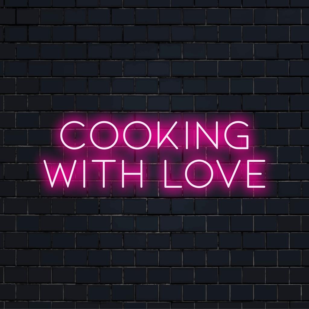 Individuelles LED-Neonschild mit der Aufschrift „Cooking With Love“ in leuchtenden Farben, perfekt als Küchendekor oder als Geschenk.