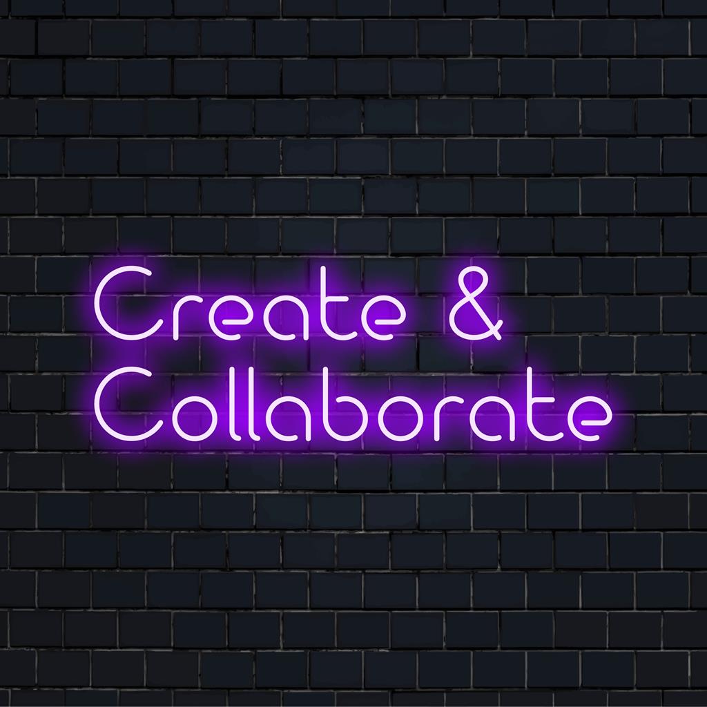 Lebendiges, individuelles LED-Neonschild von „Create and Collaborate“, perfekt, um Ihrem Raum eine einzigartige Lichtdekoration zu verleihen.