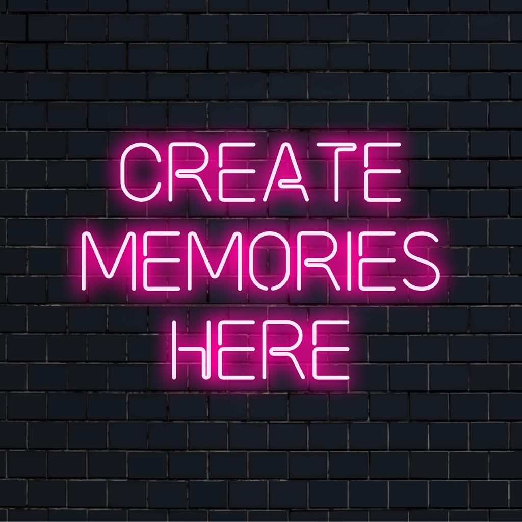 Individuelles LED-Neonschild mit der Aufschrift „Create Memories Here“ in lebendiger Schrift, perfekt für die Schaffung einer persönlichen Atmosphäre.