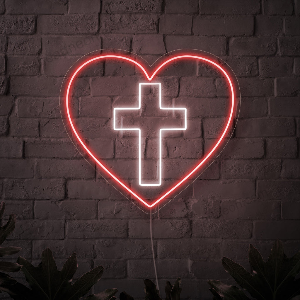 „Kreuz- und Herz-Neonschild“ – Ein spirituelles Neonlicht, das ein symbolisches Kreuz und Herz zeigt und Ihren Raum mit Wärme erfüllt.