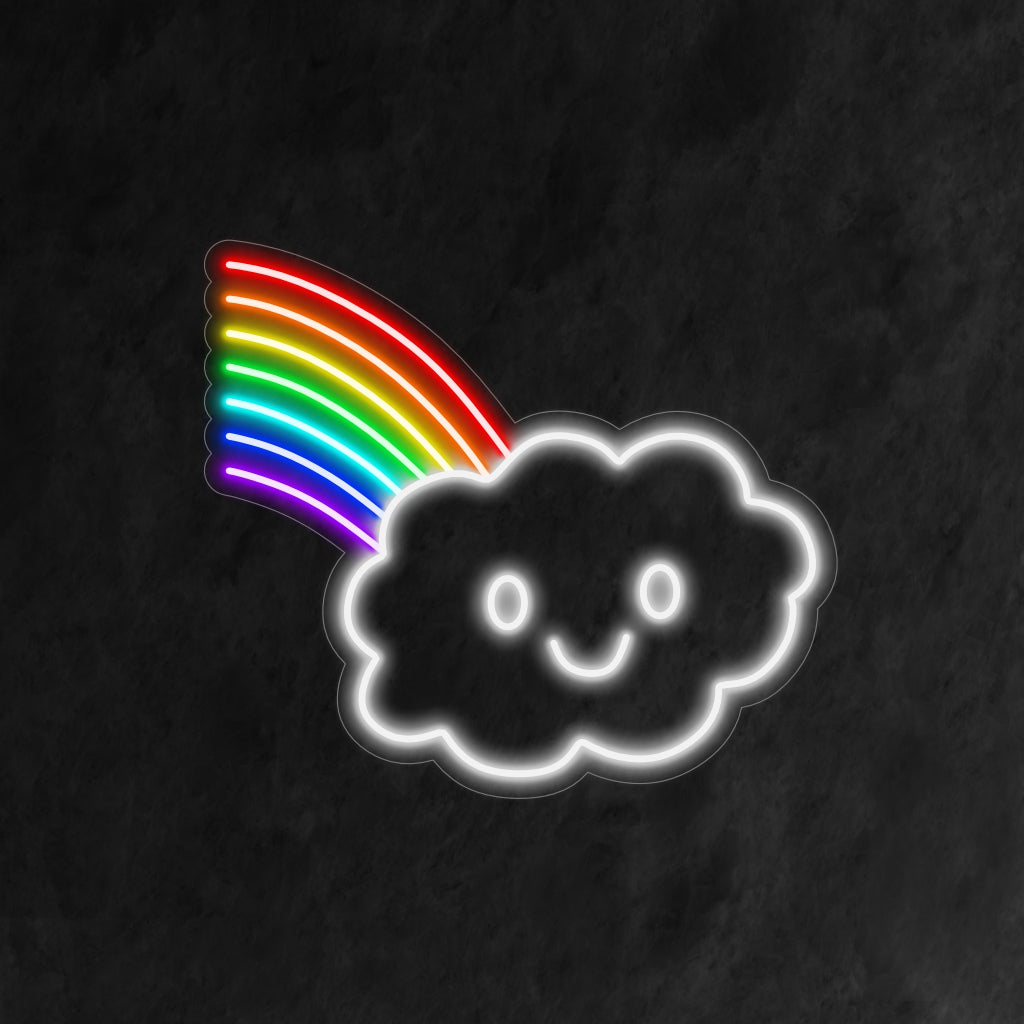 „Niedliches Neonschild mit Wolke und Regenbogen“ – Ein bezauberndes und skurriles Neonlicht mit einem niedlichen Wolken- und Regenbogendesign, das Ihrem Raum Fröhlichkeit und verspielten Charme verleiht.