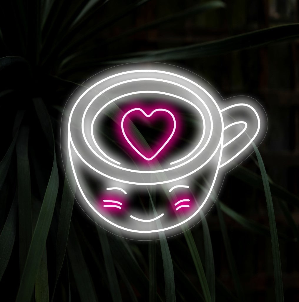 „Cute Happy Coffee Cup With Heart Neon Sign“ erhellt Ihren Raum mit Freude, eine perfekte Ergänzung für Ihre Kaffeeecke.