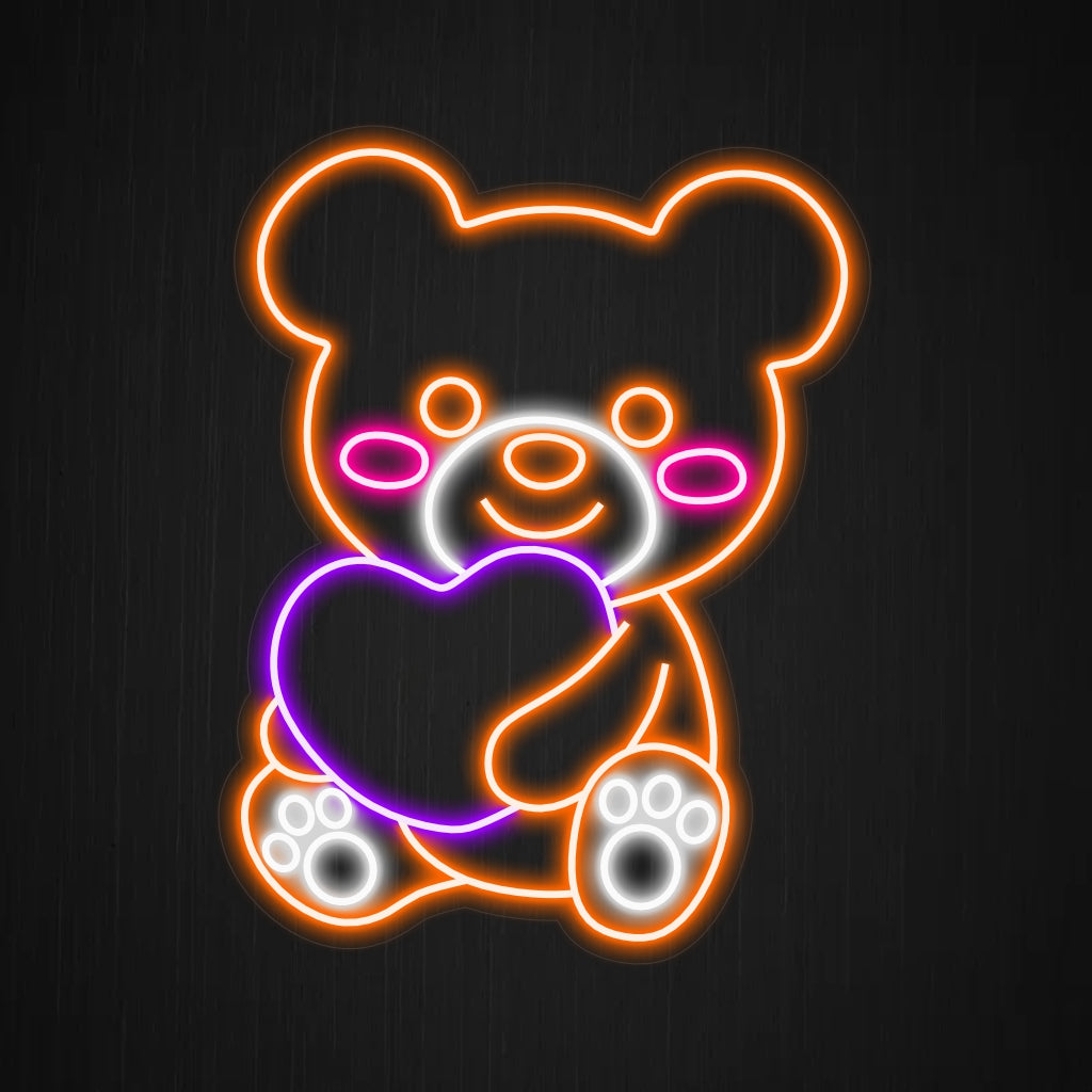 „Neonschild mit süßem Teddybär und Herz“ – Ein herzerwärmendes und bezauberndes Neonlicht, das Ihren Raum mit Zuneigung und entzückendem Charme erfüllt.