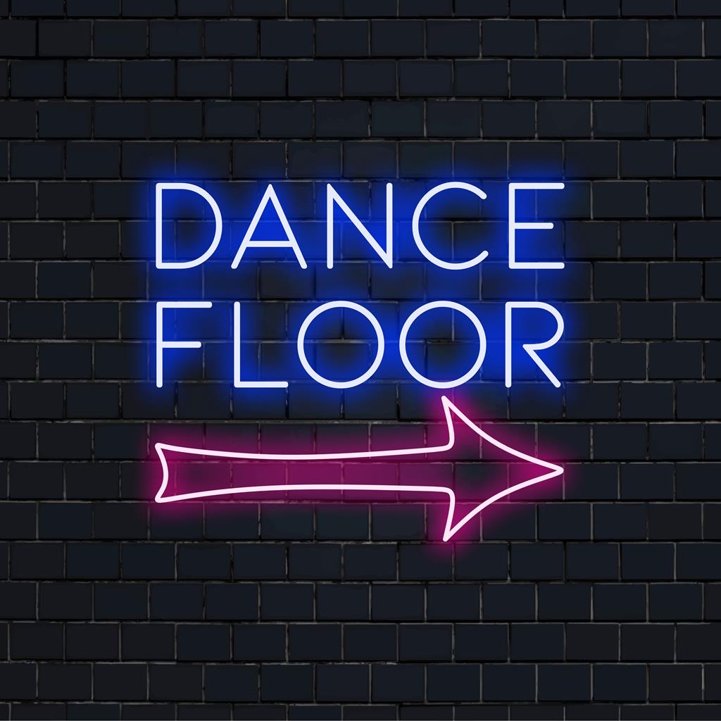 Buntes LED-Neonschild mit der Aufschrift „Dance Floor“, das jeden Raum mit Energie erfüllt; auffällige Neonlichtdekoration für Partys.