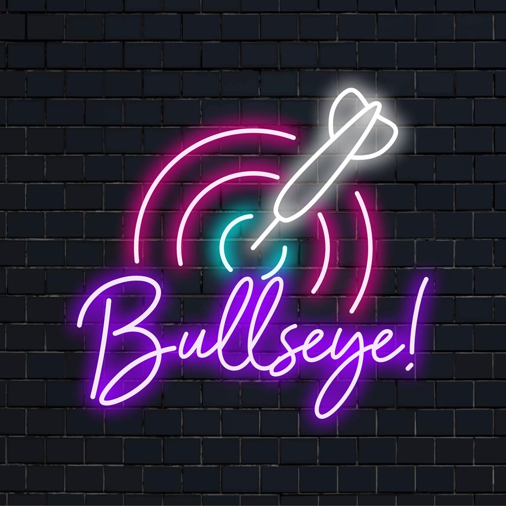 Buntes Darts Bullseye LED-Neonschild als lebendiges Neonlichtdekor für Spielzimmer und Sportbegeisterte.