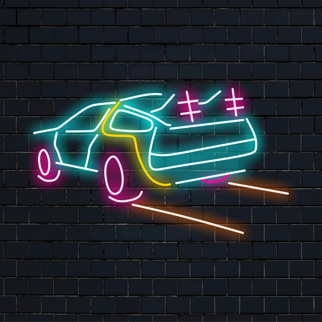 LED-Neonschild, das der DeLorean-Zeitmaschine ähnelt, perfekt für individuelle Dekoration; einzigartige Neon-Wandkunst für Retro-Enthusiasten.