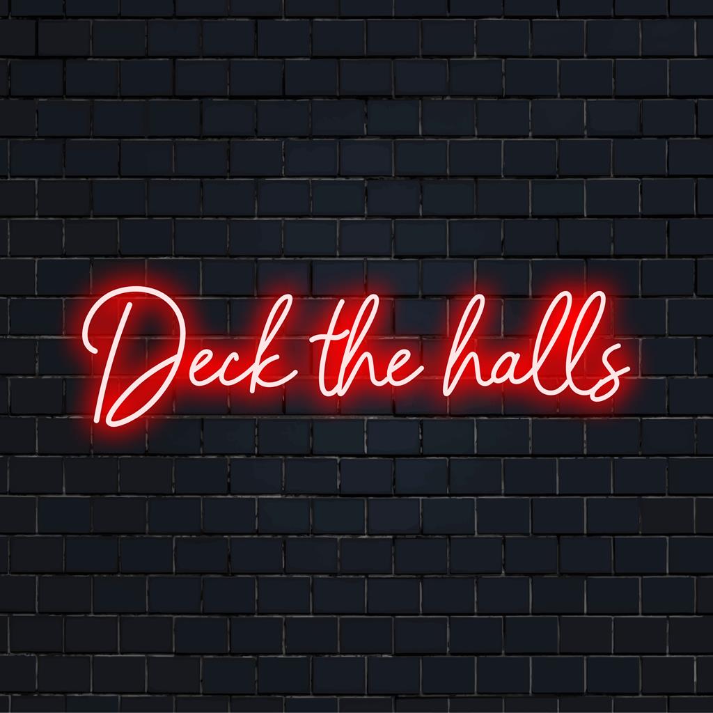 LED-Schild „Deck The Halls“: lebendige Neonkunst mit Feiertagsmotiven, perfekt für festliche Dekoration und um Ihrem Raum einen individuellen Glanz zu verleihen.