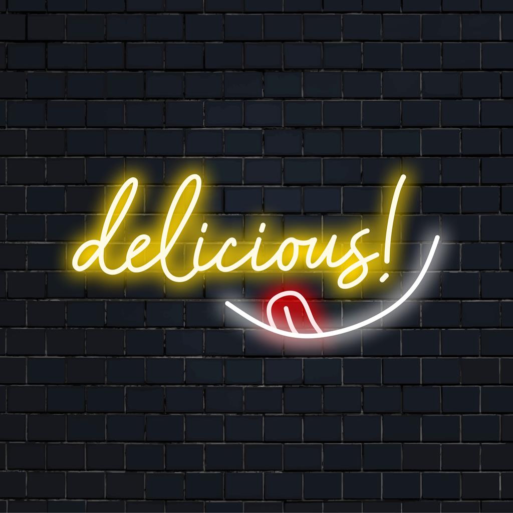 Leuchtendes, individuelles LED-Neonschild mit dem Wort „Delicious!“. Perfekt, um jedem Raum Charme und Glanz zu verleihen.
