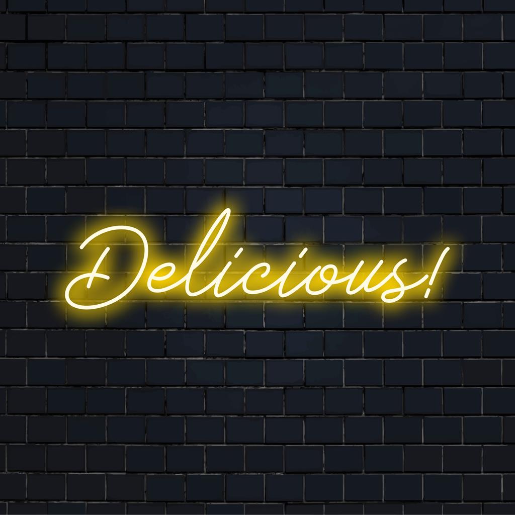 Lebendiges, individuelles LED-Neonschild mit der Aufschrift „Delicious!“, perfekt, um jedem Raum ein einzigartiges und auffälliges Flair zu verleihen.