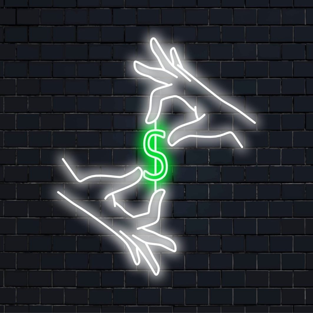 Das „Dollar Between Hands Neon Sign“ leuchtet in kräftigem Glanz und symbolisiert finanziellen Erfolg und Wohlstand. Damit eignet es sich perfekt für Unternehmen und Räume, in denen finanzielle Erfolge gefeiert werden.