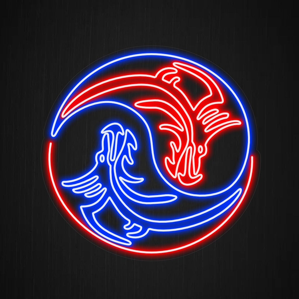 „Dragon Yin Yang Neon Sign“ leuchtet mit einem fesselnden Glanz und harmonisiert die mythische Kraft der Drachen mit der spirituellen Symbolik von Yin und Yang, was es perfekt für Räume macht, die nach Gleichgewicht und Mystik streben.