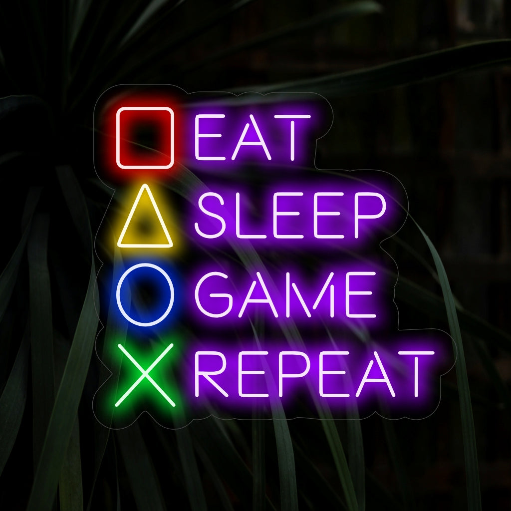 „Eat Sleep Game Repeat Neon Sign“ leuchtet mit einem verspielten Glanz, perfekt für Gaming-Räume und Räume, die dem Gaming-Lifestyle gewidmet sind, und fängt den Spaß und die Begeisterung der Gamer ein.