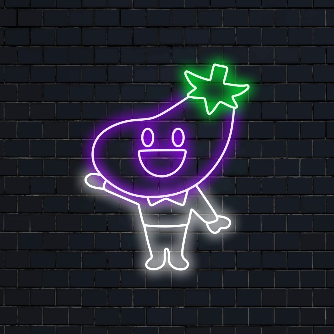 „Eggplant Head Neon Sign“ leuchtet skurril, perfekt für ausgefallene Räume und vegane Restaurants und verleiht mit seinem kreativen Auberginenkopf-Design eine verspielte Note.