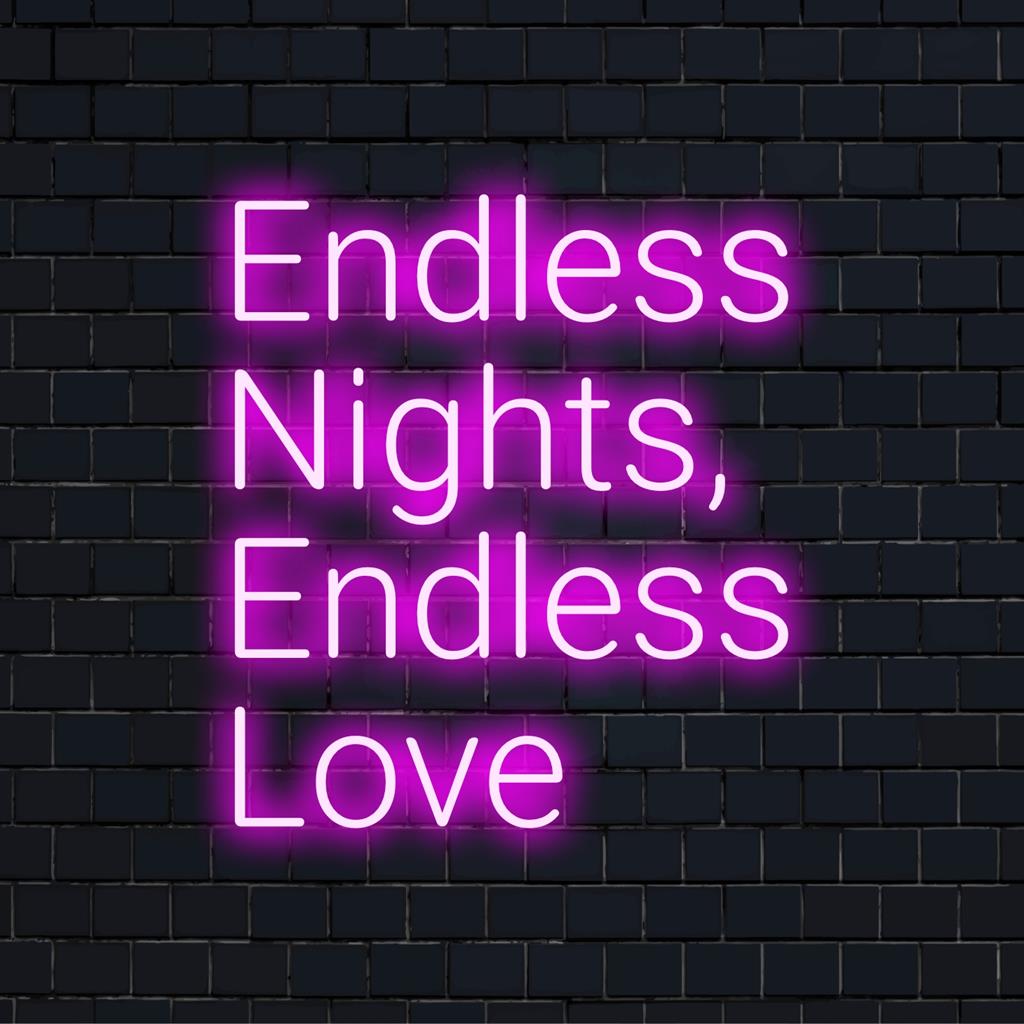 Lebendiges, individuelles LED-Neonschild mit der Aufschrift „Endless Nights, Endless Love“ als atemberaubende Neonlichtdekoration für Ihren Raum.