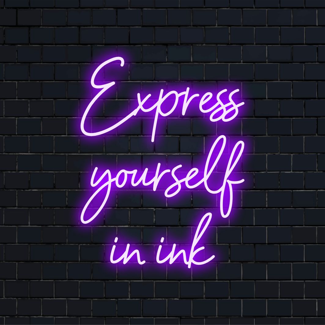 Lebendiges, individuelles LED-Neonschild mit dem Titel „Express Yourself In Ink“, perfekt als auffällige Neon-Wandkunst für kreativen Ausdruck.
