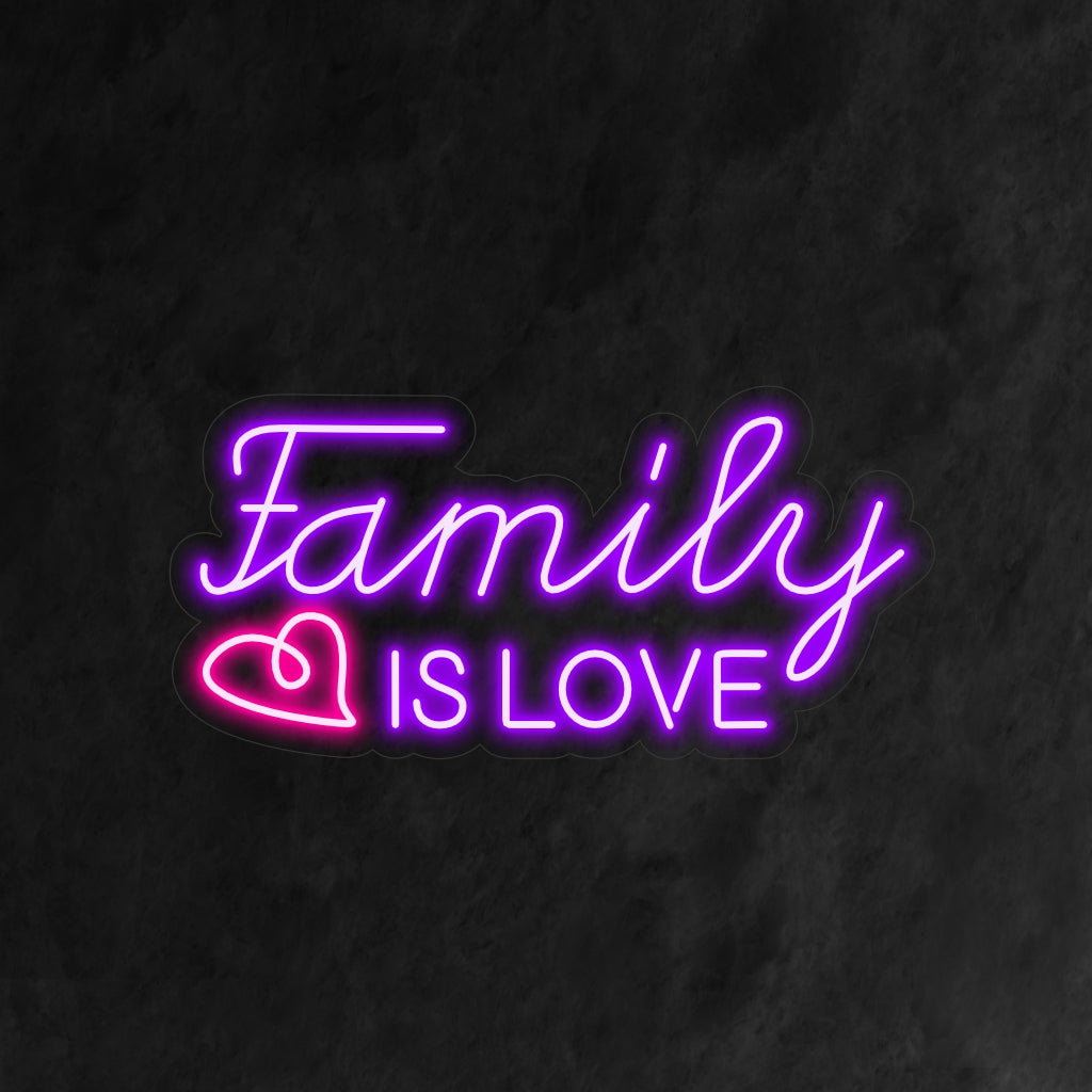 Das Neonschild „Family Is Love“ leuchtet mit einem herzerwärmenden Glanz, perfekt für Häuser und Räume, in denen die geschätzte Bindung der Familie gefeiert wird, und verleiht der Atmosphäre einen Hauch von Wärme und Liebe.