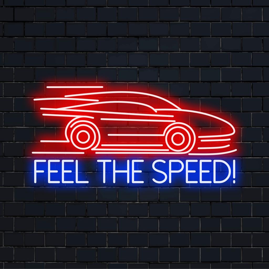 LED-Neonschild mit dynamischem „Feel The Speed!“-Text, ein schillerndes Dekorationsstück, das Kunst und Licht für jeden Raum vereint.