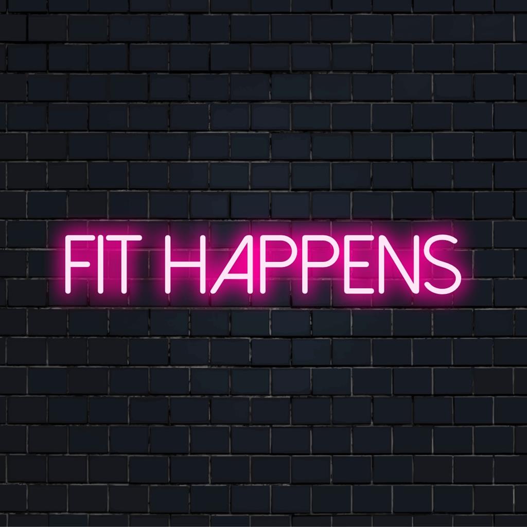 Maßgefertigtes „Fit Happens“-Neonschild; lebendiges LED-Lichtdesign mit verspieltem Schein für modernes Dekor.