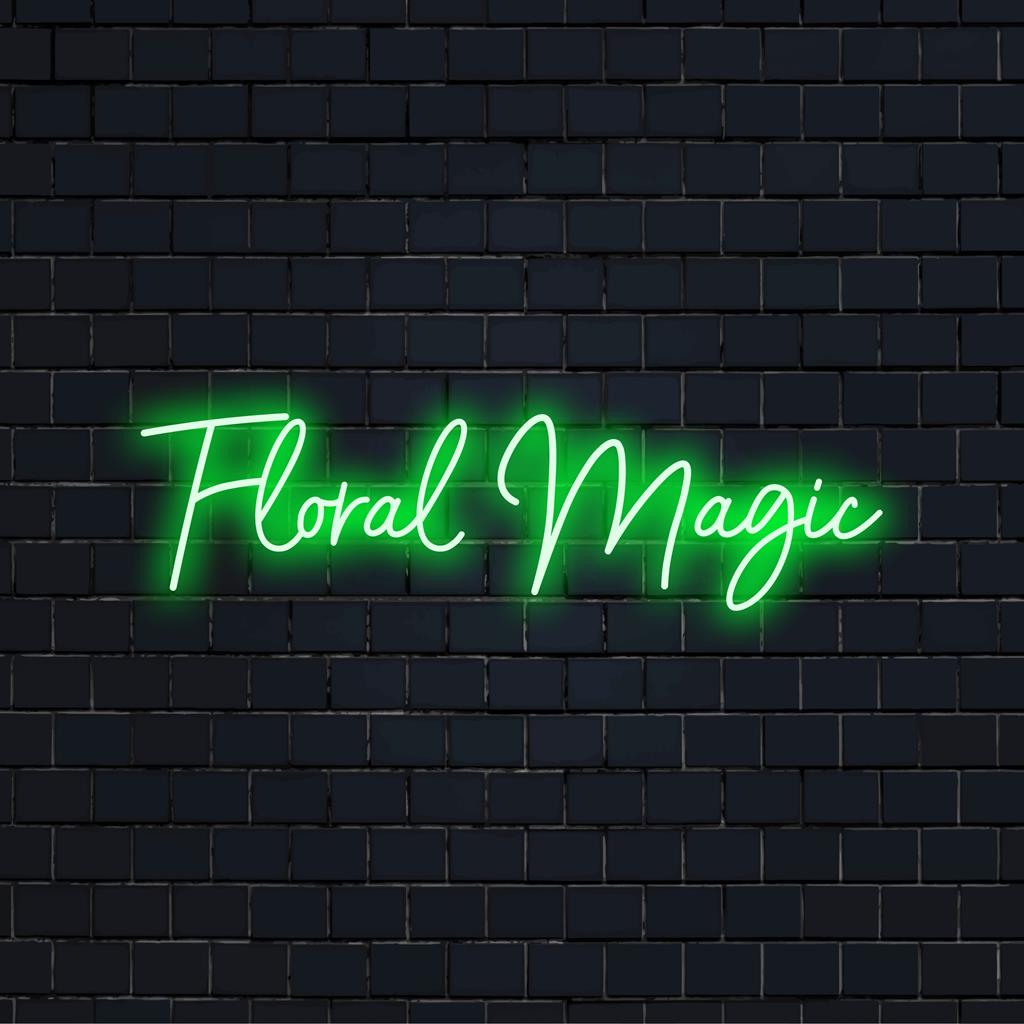 Leuchtendes LED-Neonschild mit dem Titel „Floral Magic“ mit komplizierten, individuellen Blumenmustern für eine eindrucksvolle Neonlichtdekoration.