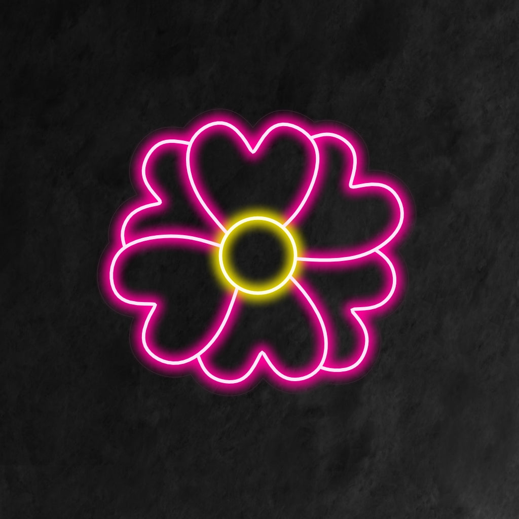 Ein beleuchtetes Neonschild mit einer wunderschönen Blume mit herzförmigen Blättern, das jedem Raum einen Hauch von naturinspiriertem Charme und floraler Eleganz verleiht