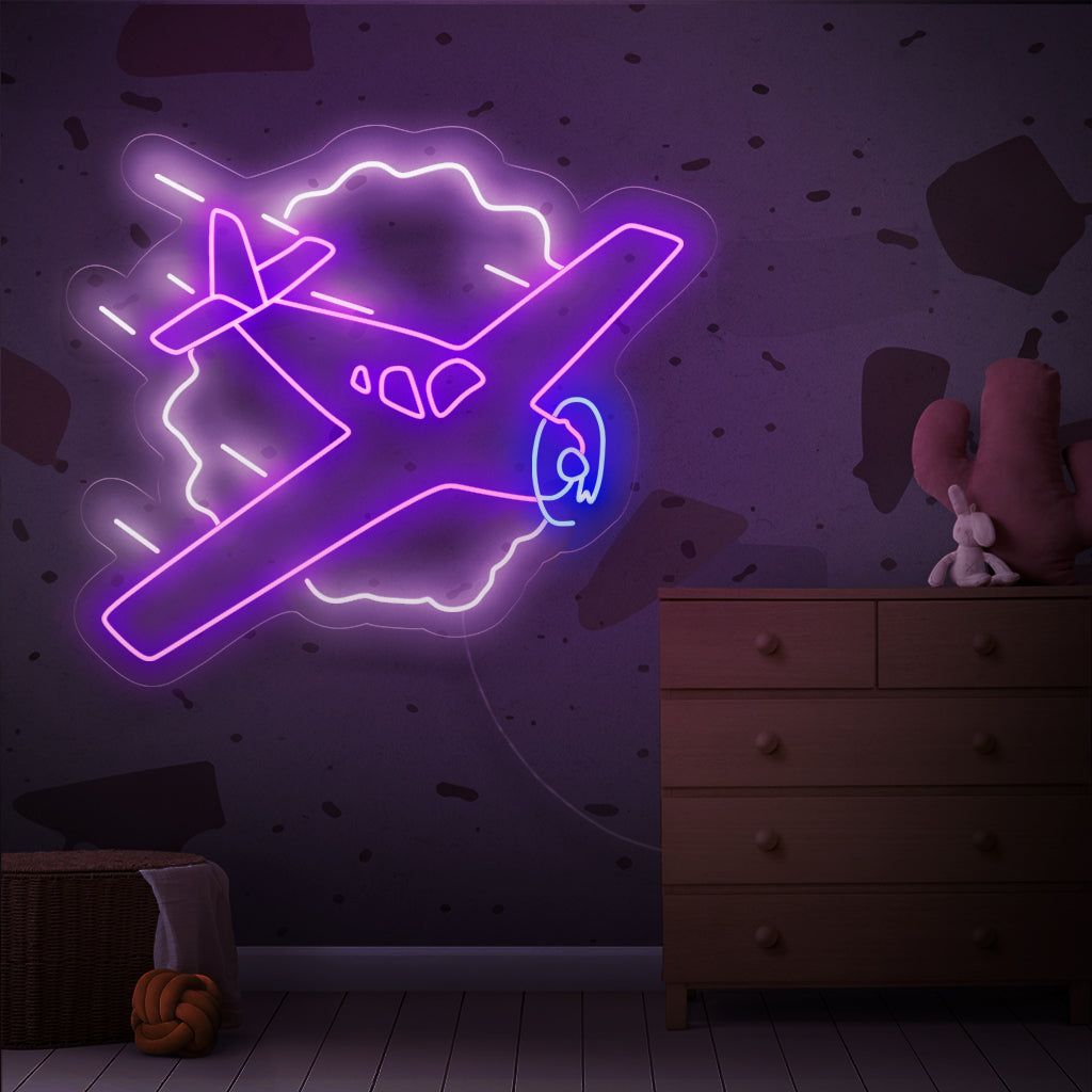 „Neonschild mit fliegendem Flugzeug“ – Schwebend mit dynamischer Energie, perfekt für Räume mit Luftfahrtthema und für alle, die den Nervenkitzel des Fliegens genießen.