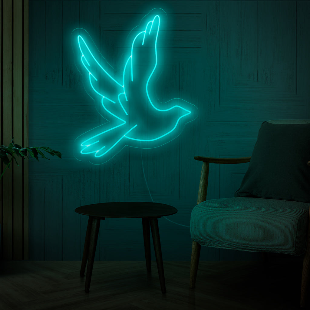 „Flying Dove Neon Sign“ – Strahlende Ruhe, perfekt für spirituelle Räume und Veranstaltungen, mit dem Symbol einer fliegenden Taube.