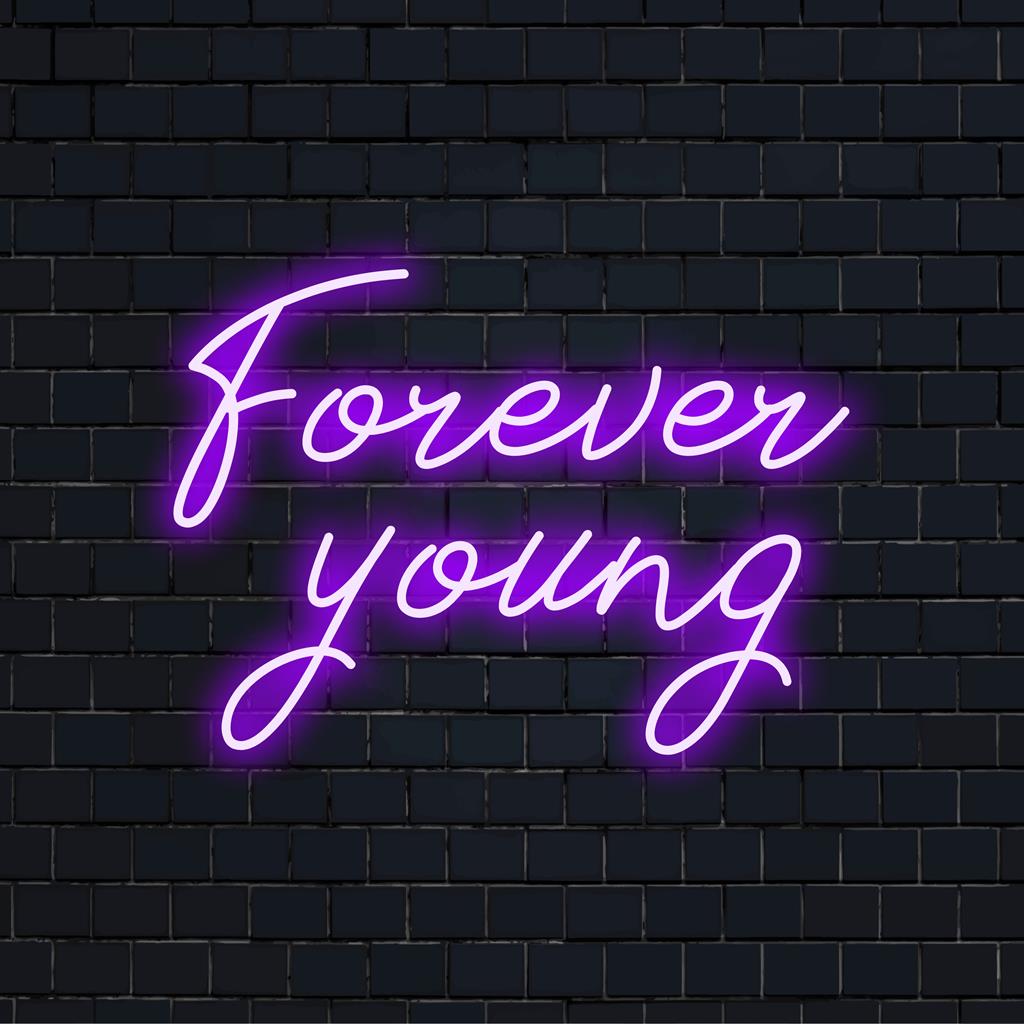 Lebendiges „Forever Young“-LED-Neonschild, perfekt, um jedem Raum einen persönlichen Glanz zu verleihen; ideal für Liebhaber moderner Einrichtung.