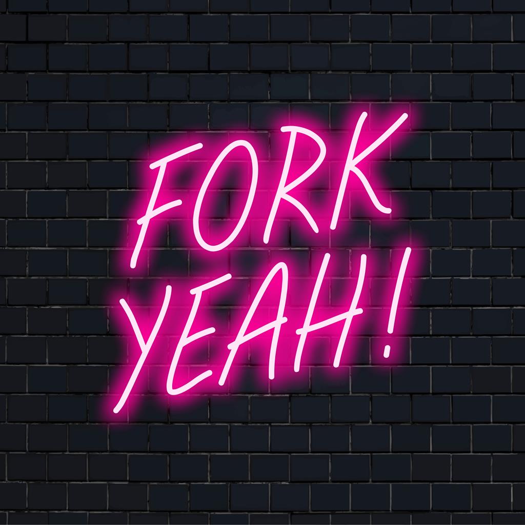 LED-Neonschild mit der Aufschrift „Fork Yeah!“, perfekt für die Küchen- oder Esszimmerdekoration; lebendige Neonkunst mit verspieltem und humorvollem Ton.
