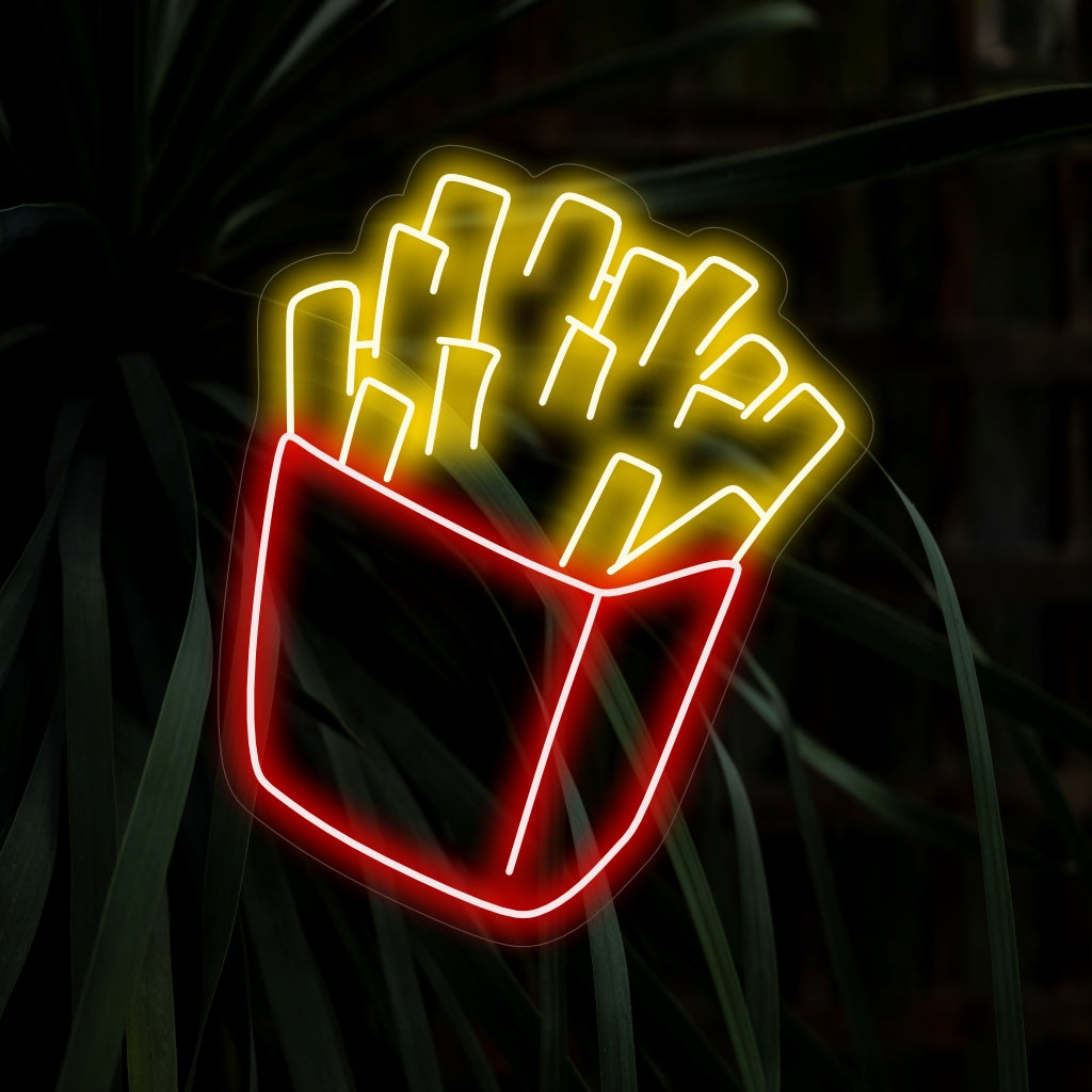 „French Fries Neon Sign“ – Knisternde Fast-Food-Atmosphäre, perfekt für Diners und Snackbars, eine Hommage an den knusprigen und köstlichen Reiz von Pommes Frites.