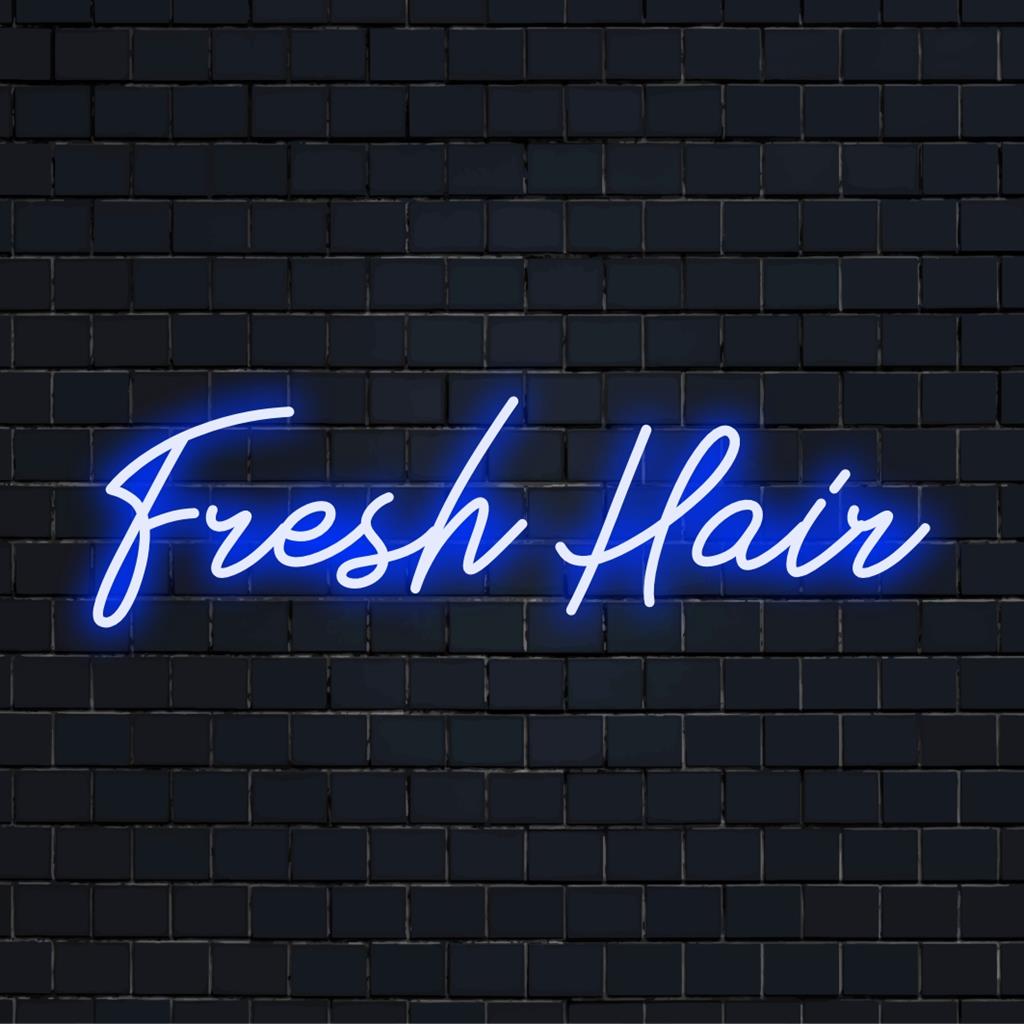 Maßgefertigtes LED-Neonschild mit dem Spruch „Fresh Hair“, perfekt für Friseursalons. Erhellen Sie Ihren Raum mit diesem stilvollen Neon-Accessoire.