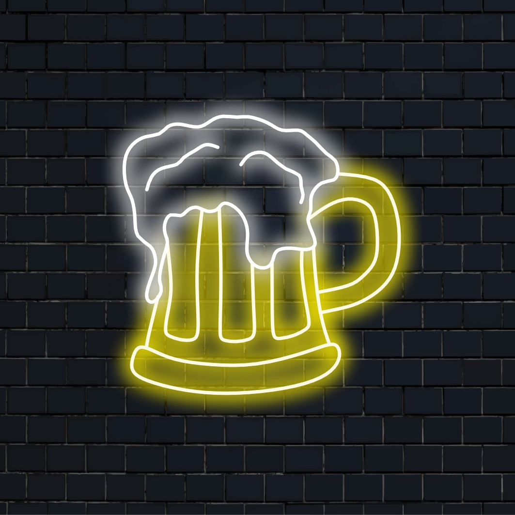 „Frothy Beer Neon Sign“ – Sprudelt vor Pub-Atmosphäre, perfekt für Bars und Brauereien, feiert die Freude an einem kalten, schaumigen Bier.