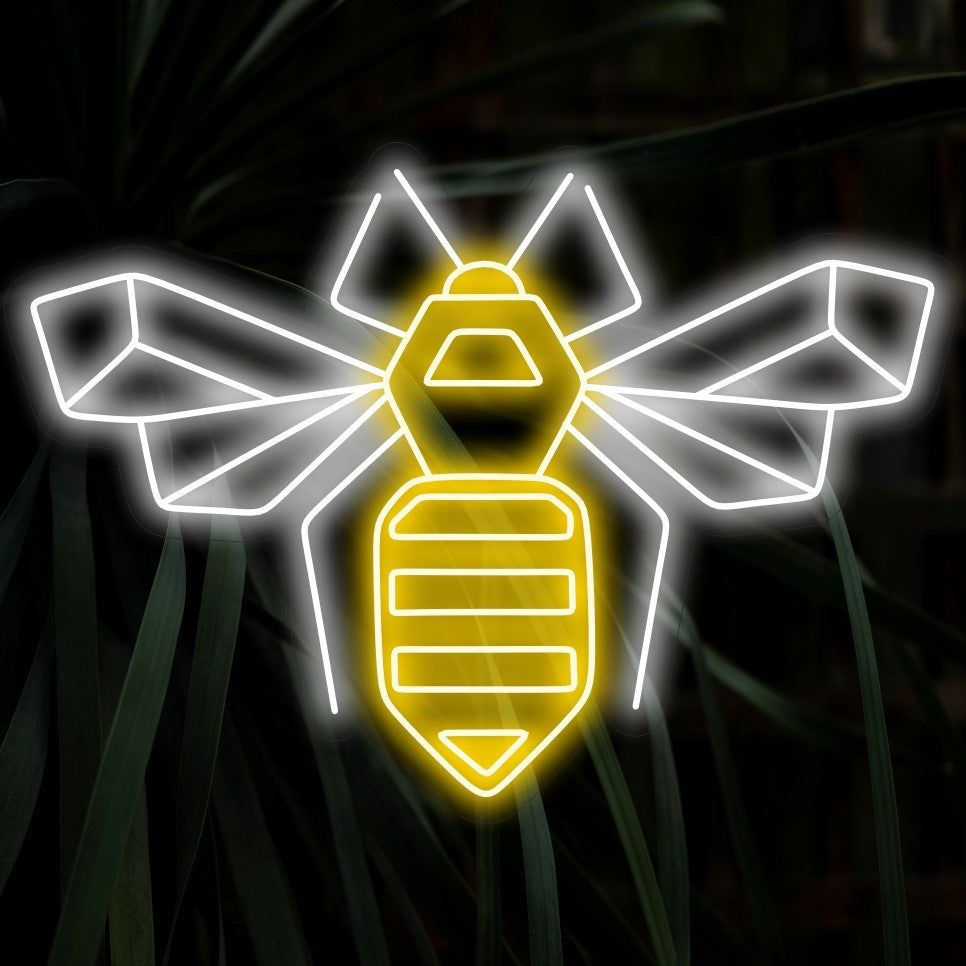 „Geometric Bee Neon Sign“ – Voller modernem Design, perfekt für zeitgenössische Räume und Kunstateliers, fängt es den künstlerischen Reiz geometrischer Muster und der Natur ein.