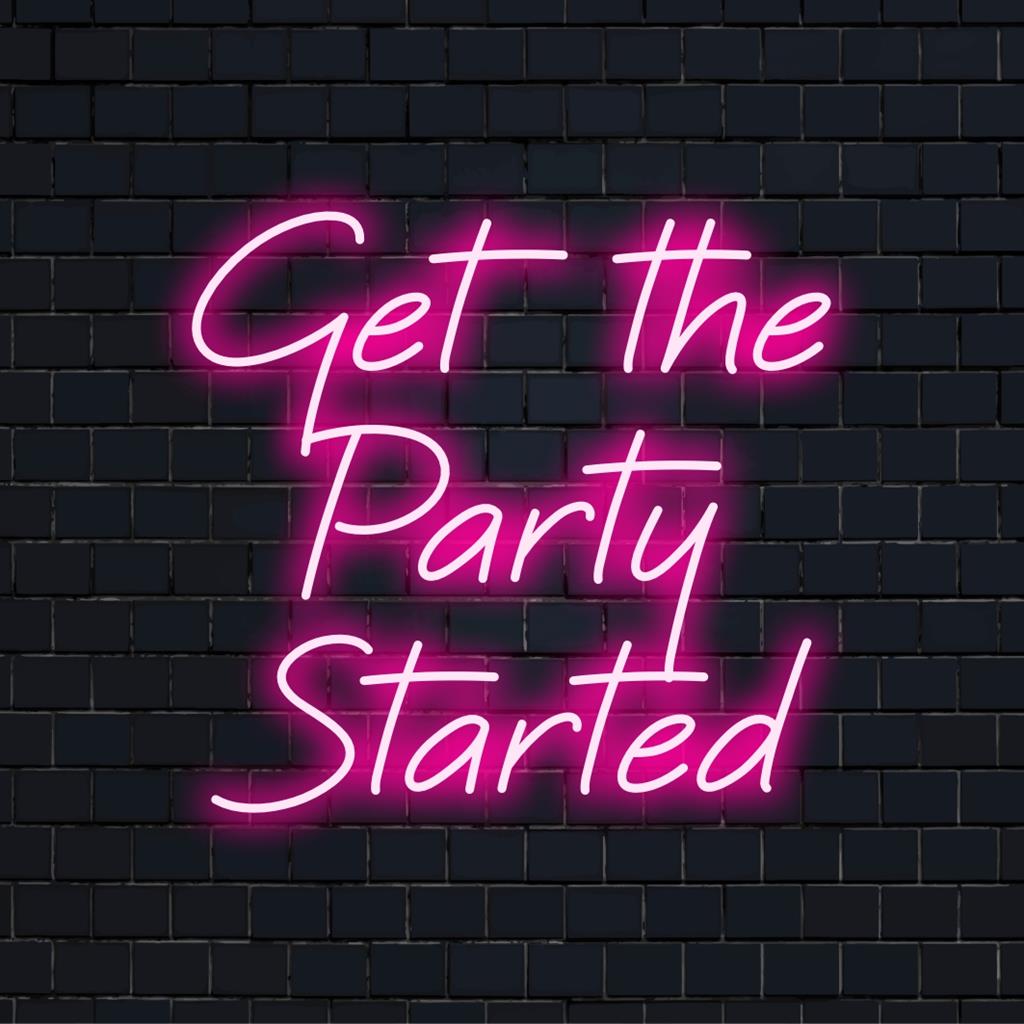 Ein lebendiges, individuelles LED-Neonschild mit der Aufschrift „Get The Party Started“, ideal, um Räume mit seiner verspielten Neonlichtenergie zu beleben.