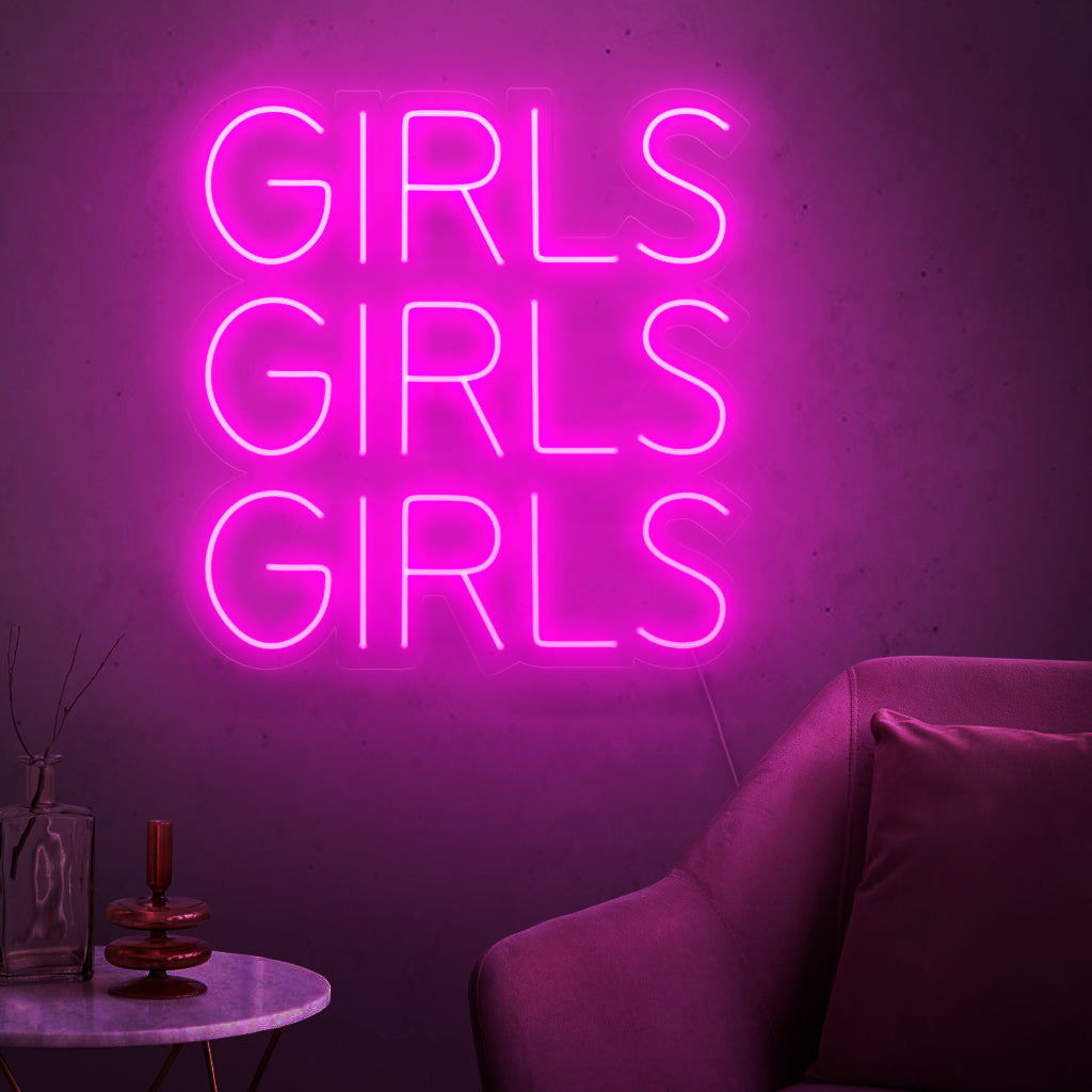 „Girls Girls Girls Neon Sign“ – Verströmt eine lebendige und lebhafte Atmosphäre, perfekt für Nachtlokale und Bars, und schafft eine lebendige und aufregende Atmosphäre.