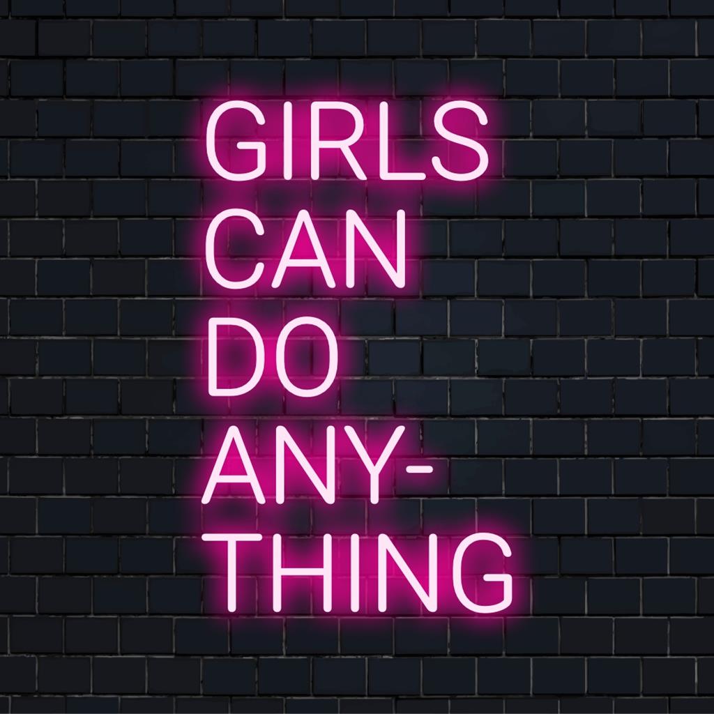 Maßgefertigtes LED-Neonschild mit der Aufschrift „Girls Can Do Anything“ in strahlenden Farben, perfekt für eine inspirierende Wanddekoration.