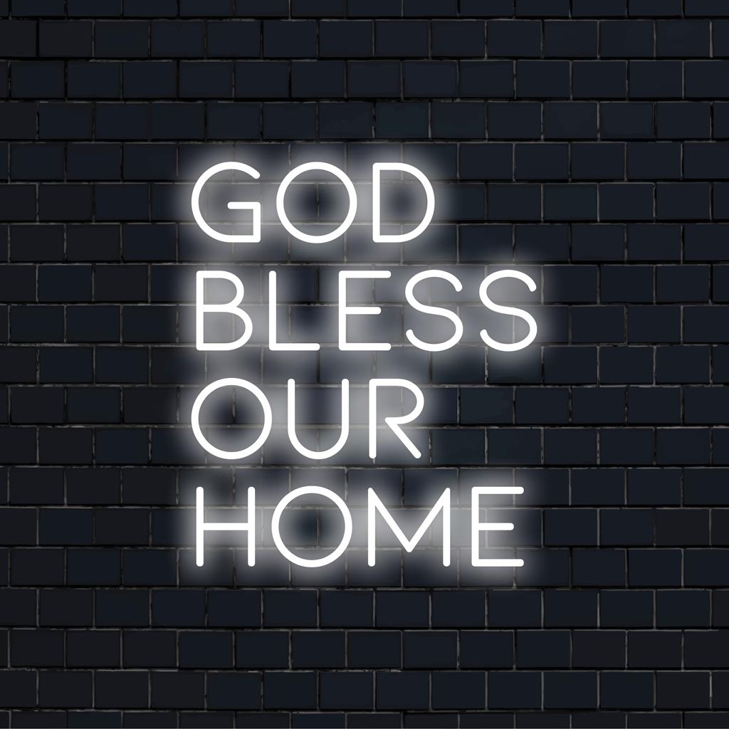 LED-Neonschild in individueller Form mit der Aufschrift „God Bless Our Home“, perfekt für eine individuelle Inneneinrichtung und spirituelle Atmosphäre.
