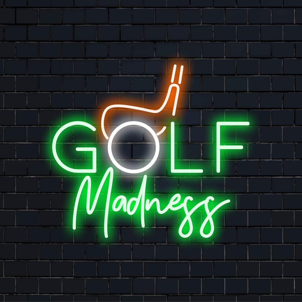 Lebendiges LED-Neonschild „Golf Madness“, perfekt für Sportbegeisterte, die ihr Spielzimmer mit individueller Neonlichtdekoration hervorheben möchten.