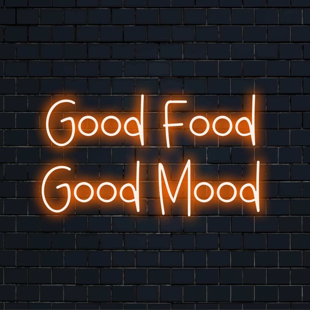 „Good Food Good Mood Neon Sign“ – Verbreitet positive Schwingungen für Feinschmecker und kulinarische Räume und betont die Verbindung zwischen gutem Essen und guter Laune.