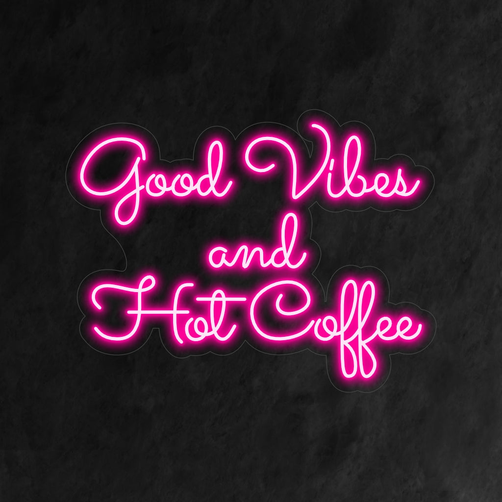 „Good Vibes and Hot Coffee Neon Sign“ ist eine gemütliche und einladende Ergänzung für Ihr Café-Interieur. Ein Neonlicht, das gute Stimmung mit dem Komfort von heißem Kaffee verbindet.