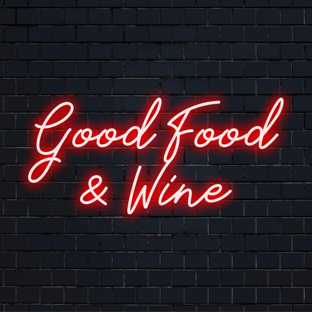 Individuelles Neonschild mit dem Satz „Good Food & Wine“. Perfekt für Küche oder Bar, beleuchtet Ihren Raum mit warmem LED-Licht.