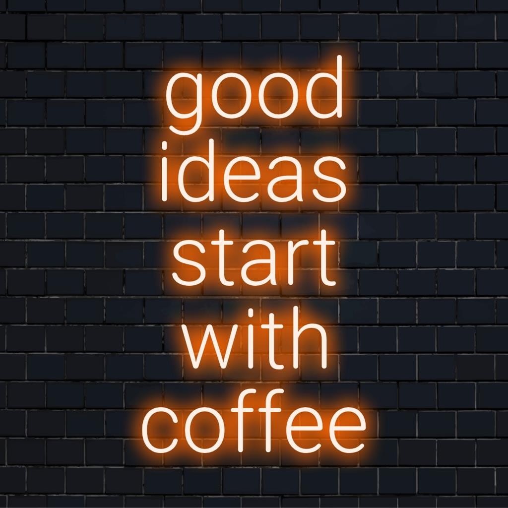 Individuelles LED-Neonschild mit der Aufschrift „Gute Ideen beginnen mit Kaffee“, ideal, um dem Raum eines jeden Kaffeeliebhabers Flair zu verleihen.
