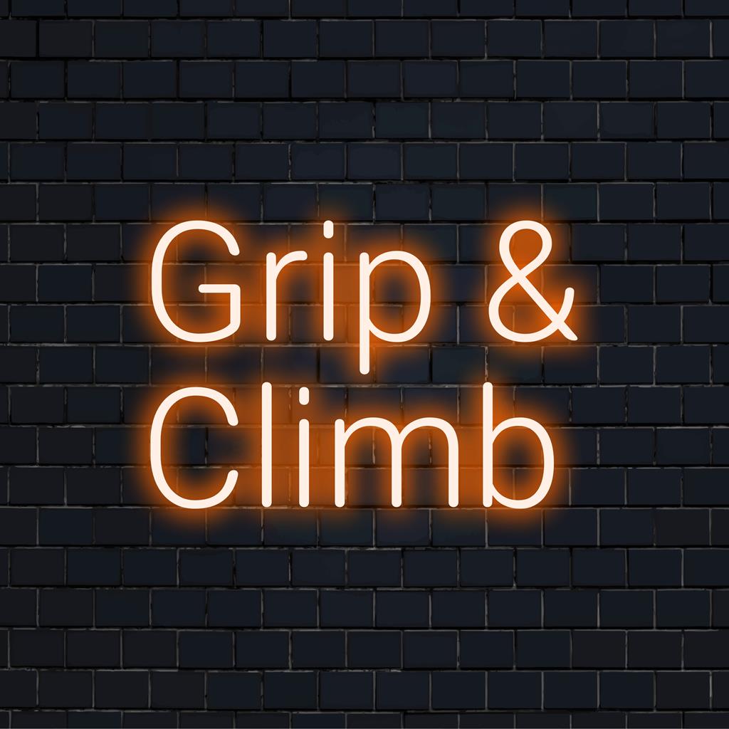Individuelles LED-Neonschild „Grip and Climb“, das leuchtende Typografie und Kreativität für eine einzigartige Dekoration präsentiert.