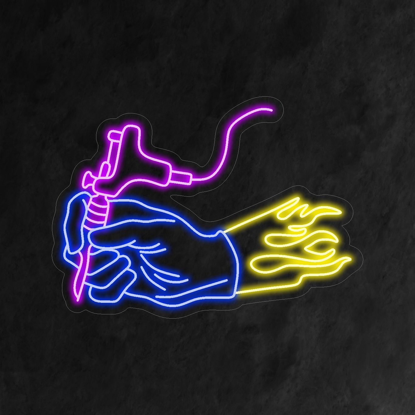„Hand Holding Tattoo Machine Neon Sign“ – Eine Hommage an die Kunst des Tätowierens, perfekt für Tattoo-Studios und -Salons, die sich der Kunst widmen, dauerhafte und bedeutungsvolle Körperkunst zu schaffen.