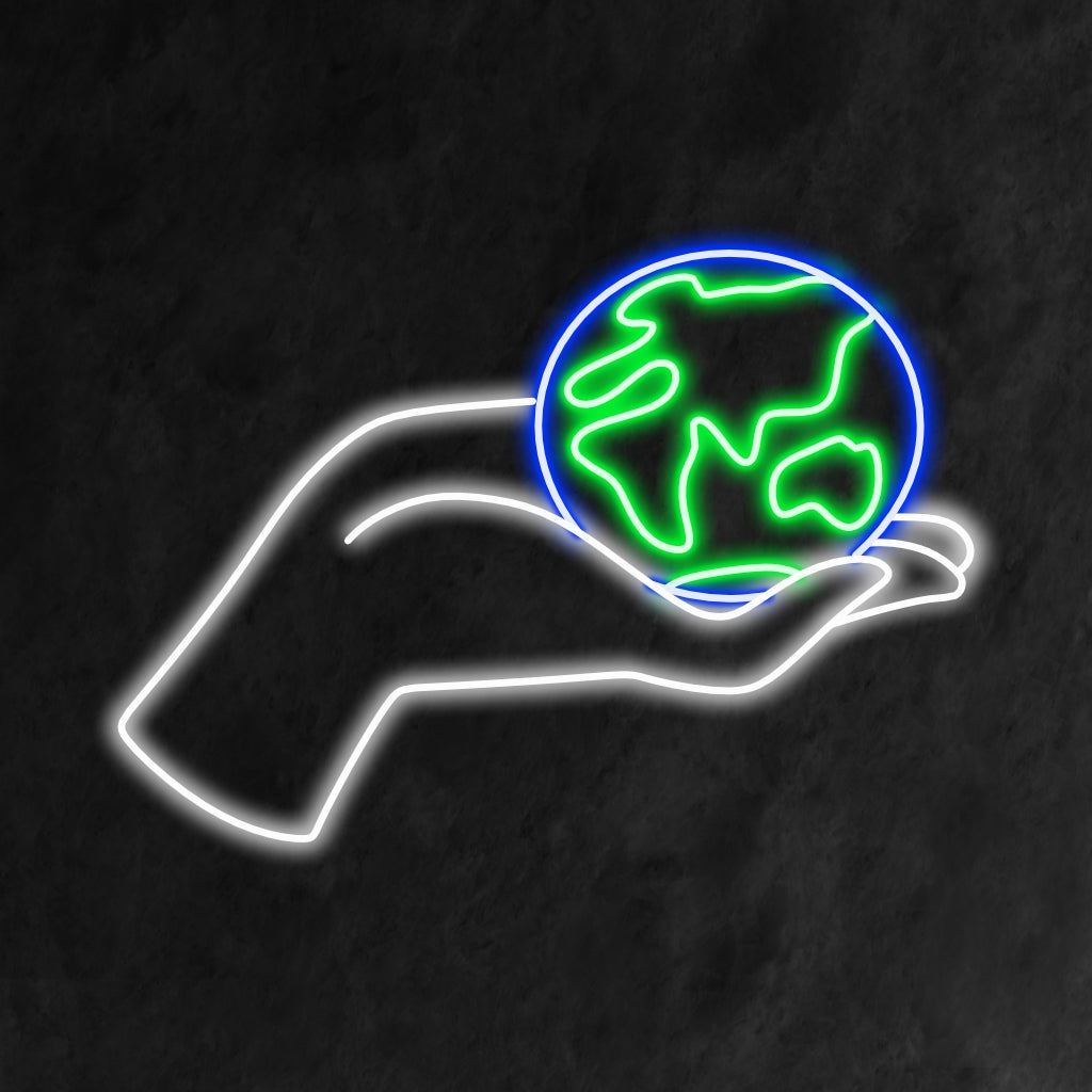 „Hand Holding the Planet Neon Sign“ ist eine umweltfreundliche und wirkungsvolle Ergänzung für Ihr Interieur. Ein Neonlicht, das die Sorge um den Planeten und das Umweltbewusstsein symbolisiert.