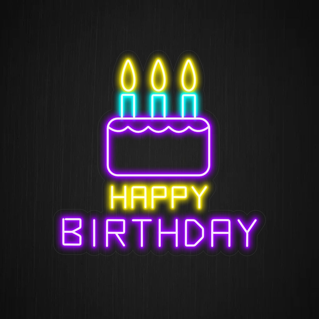 „Happy Birthday With Cake Neon Sign“ – Verleiht dem Ganzen eine festliche und feierliche Note, perfekt für Geburtstagsfeiern und Veranstaltungsorte, wo fröhliche Feiern willkommen sind.