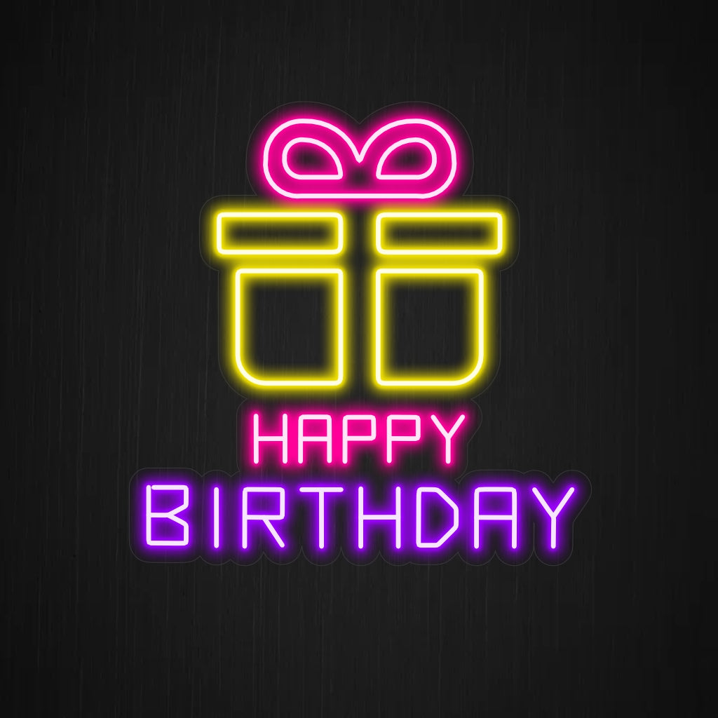 „Happy Birthday With Gift Neon Sign“ – Versprüht die Freude am Schenken, perfekt für Geburtstagsfeiern und Geschenkläden, in denen der Geist des Schenkens gefeiert wird.